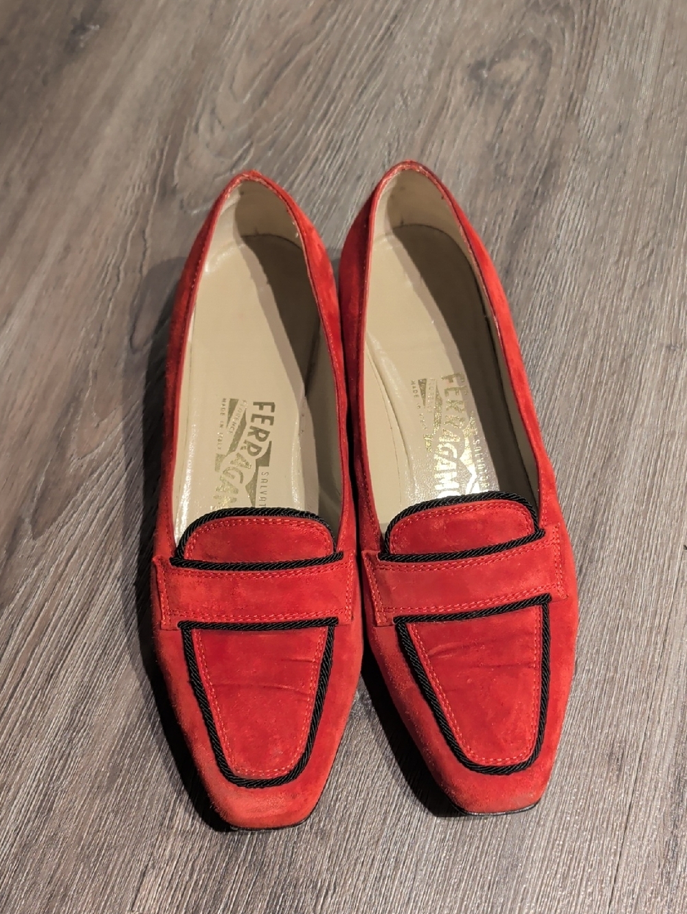 Salvatore Ferragamo Red Suede Loafers with Black Trim
